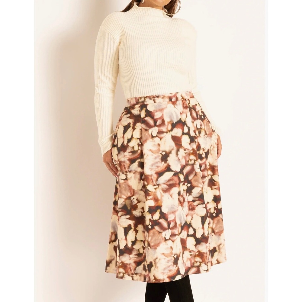Eloquii Womens Plus Size 14 Abstract Floral Midi Skirt Pockets Brown Mauve Lined